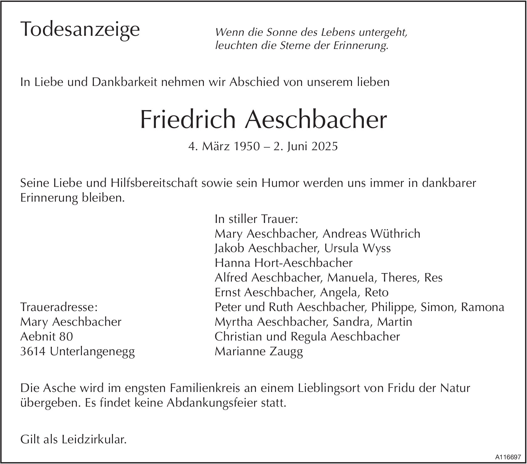 Friedrich Aeschbacher, Juni 2025 / TA