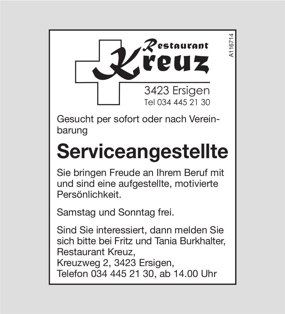 Serviceangestellte, Restaurant Kreuz, Ersigen, gesucht