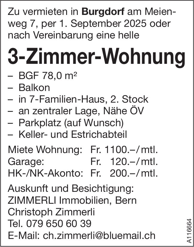 3-Zimmer-Wohnung, Burgdorf, zu vermieten