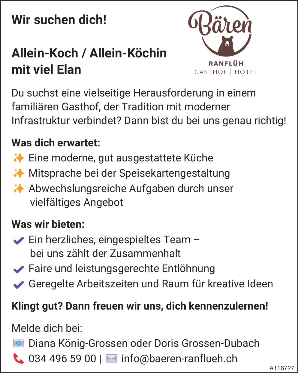 Allein-Koch/Allein-Köchin, Gasthof Hotel Bären, Ranflüh, gesucht