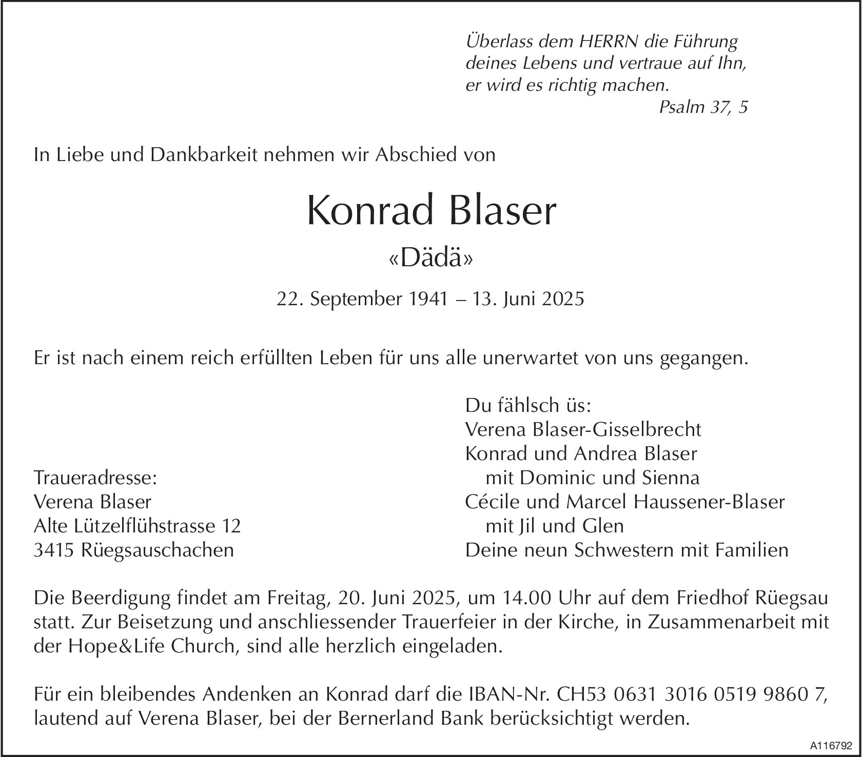 Konrad Blaser «Dädä», Juni 2025 / TA