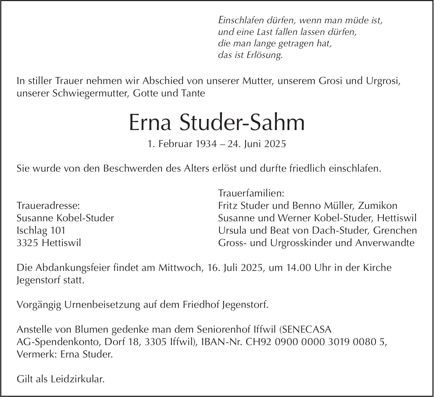 Erna Studer-Sahm, Juni 2025 / TA