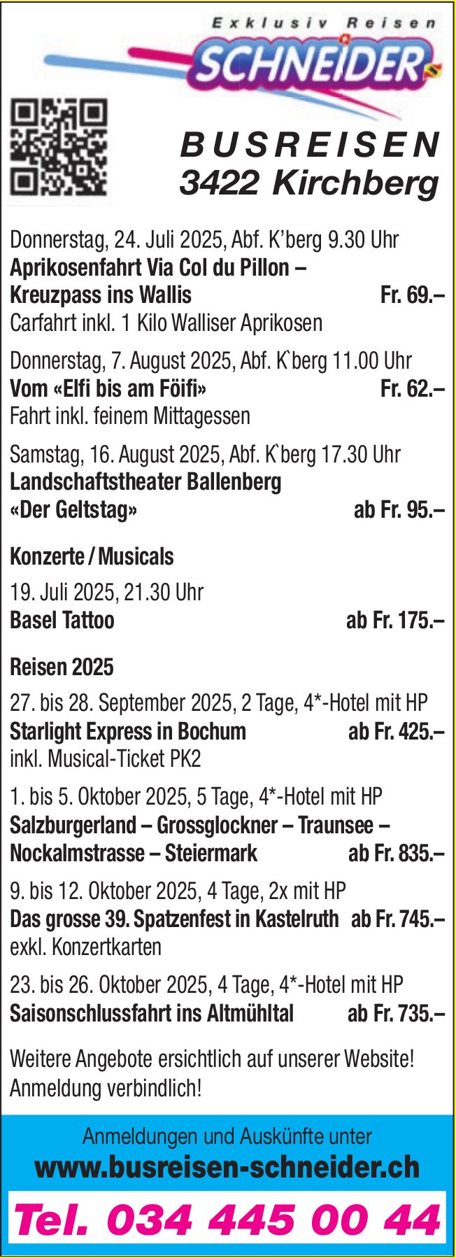Busreisen Schneider, Kirchberg - Reiseprogramm