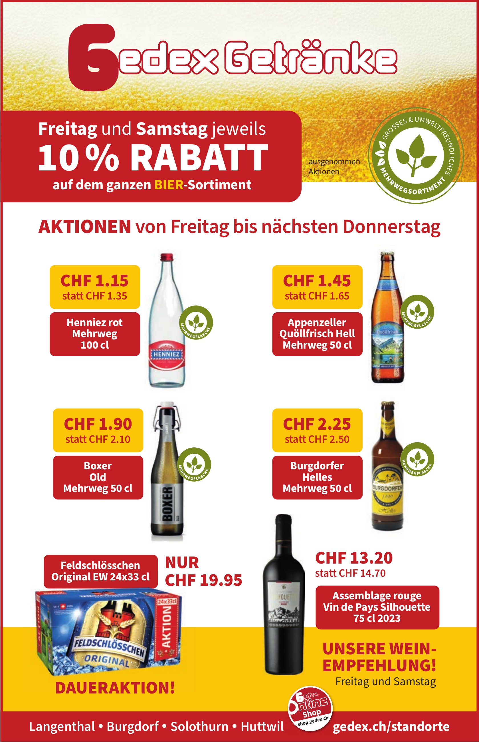 Gedex Getränke, Langenthal, Burgdorf,  Solothurn und Huttwil - 10% Rabatt