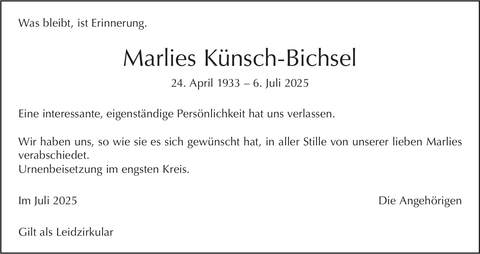 Marlies Künsch-Bichsel, Juli 2025 / TA