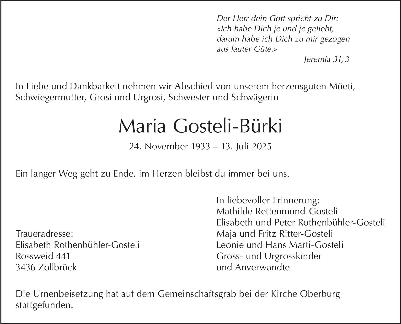 Maria Gosteli-Bürki, Juli 2025 / TA