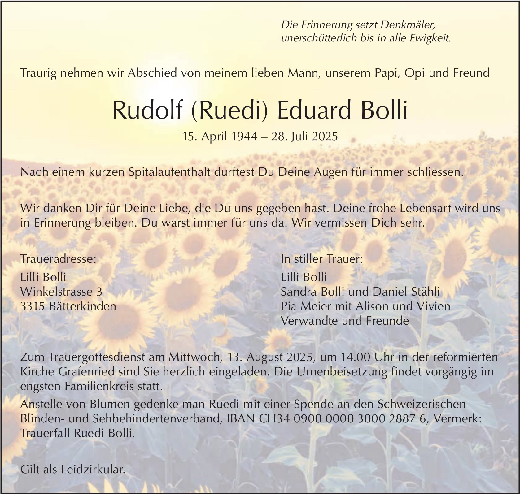 Rudolf (Ruedi) Eduard Bolli, Juli 2025 / TA