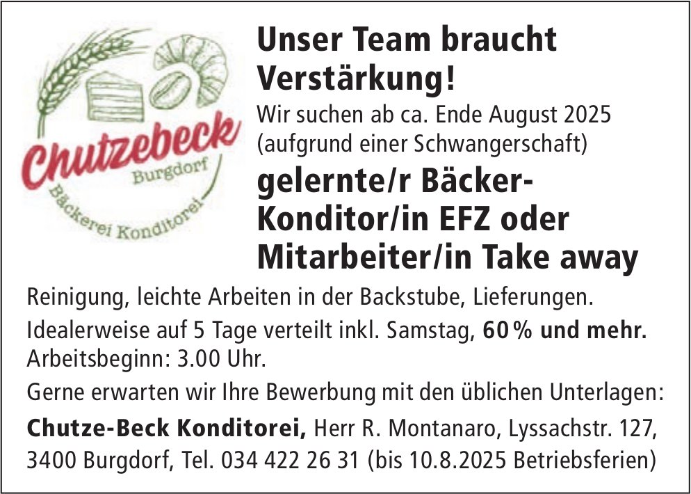 Bäcker-Konditor/in EFZ oder Mitarbeiter/in Take away, Chutzebeck Bäckerei Konditorei, Burgdorf, gesucht