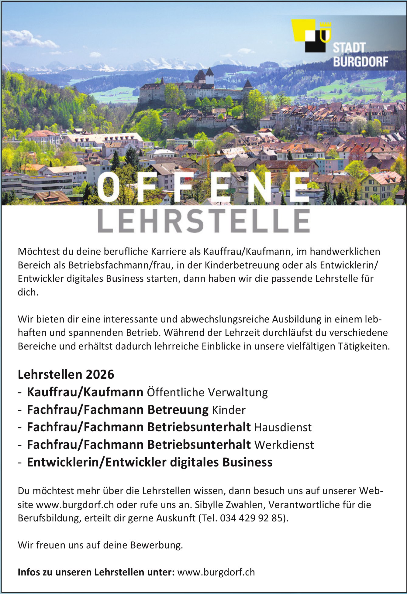 Lehrstellen in verschiedenen Bereichen, Stadt, Burgdorf, zu vergeben