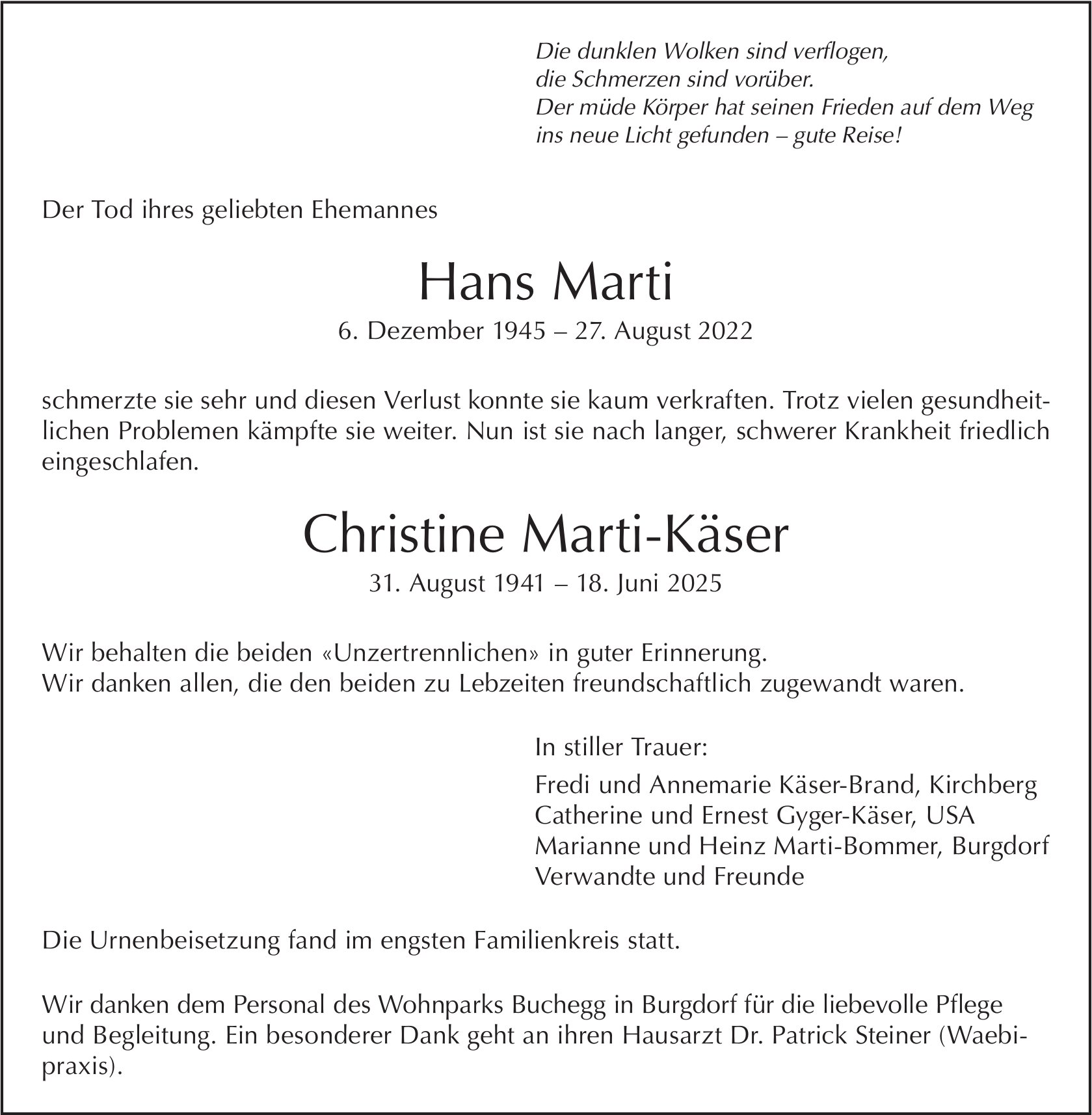 Hans Marti Christine Marti-Käser, Juni 2025 / TA