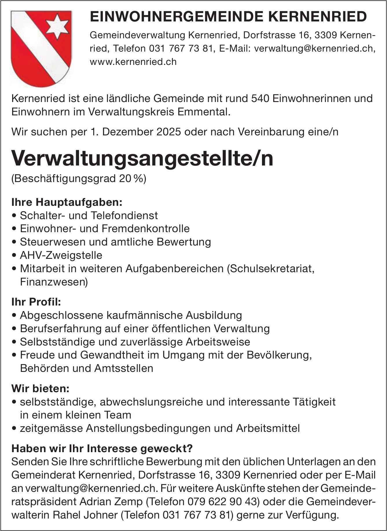 Verwaltungsangestellte/n 20%, Gemeinde, Kernenried, gesucht