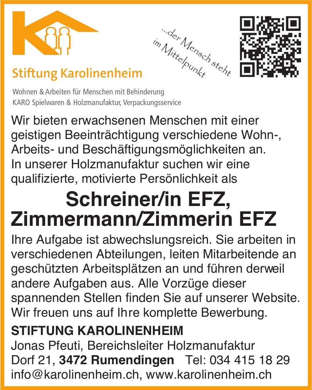 Schreiner/in EFZ, Zimmermann/Zimmerin EFZ, Stiftung Karolinenheim, Rumendingen,  gesucht