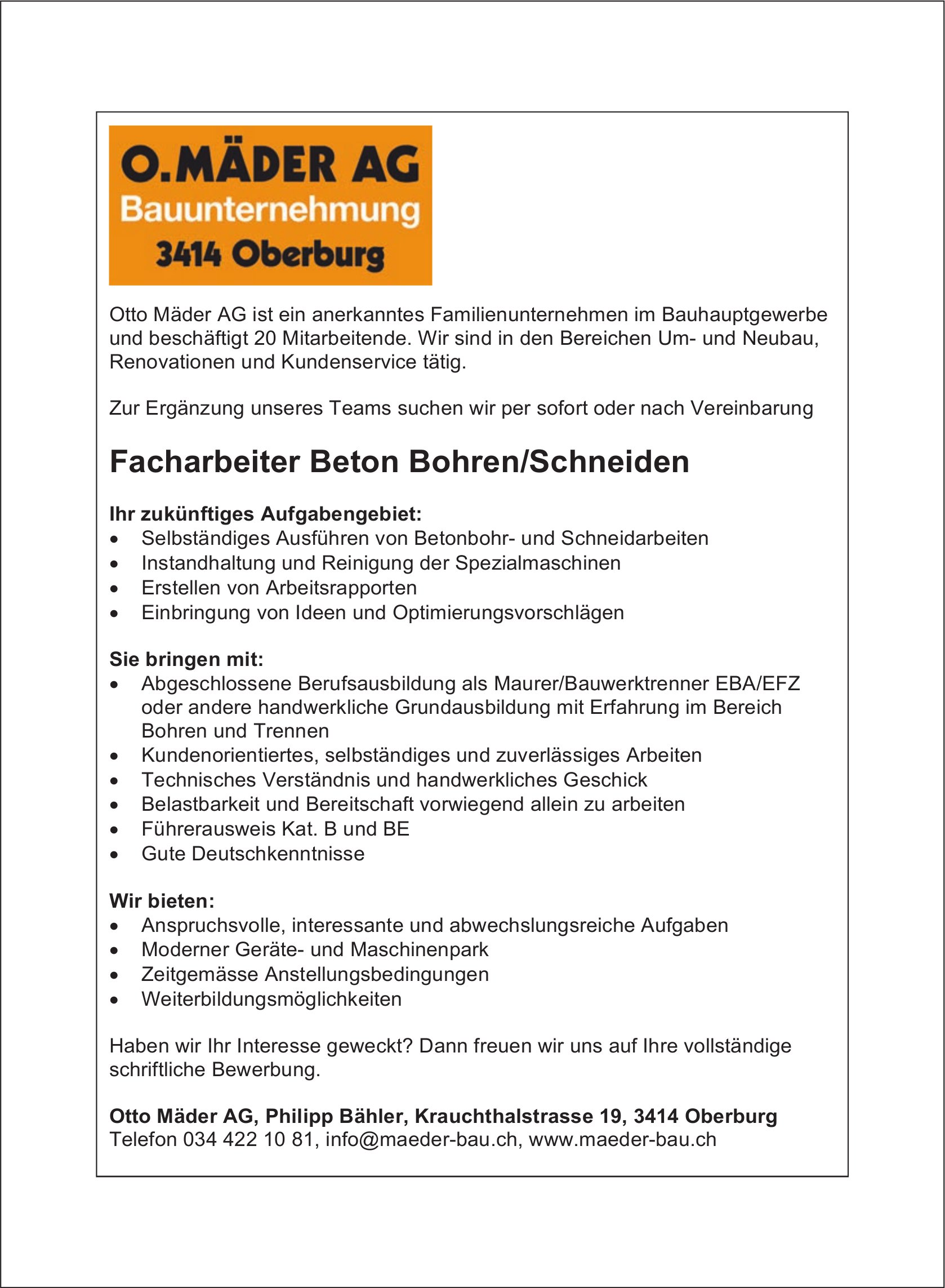 Facharbeiter Beton Bohren/Schneiden, Otto Mäder AG, Oberburg, gesucht