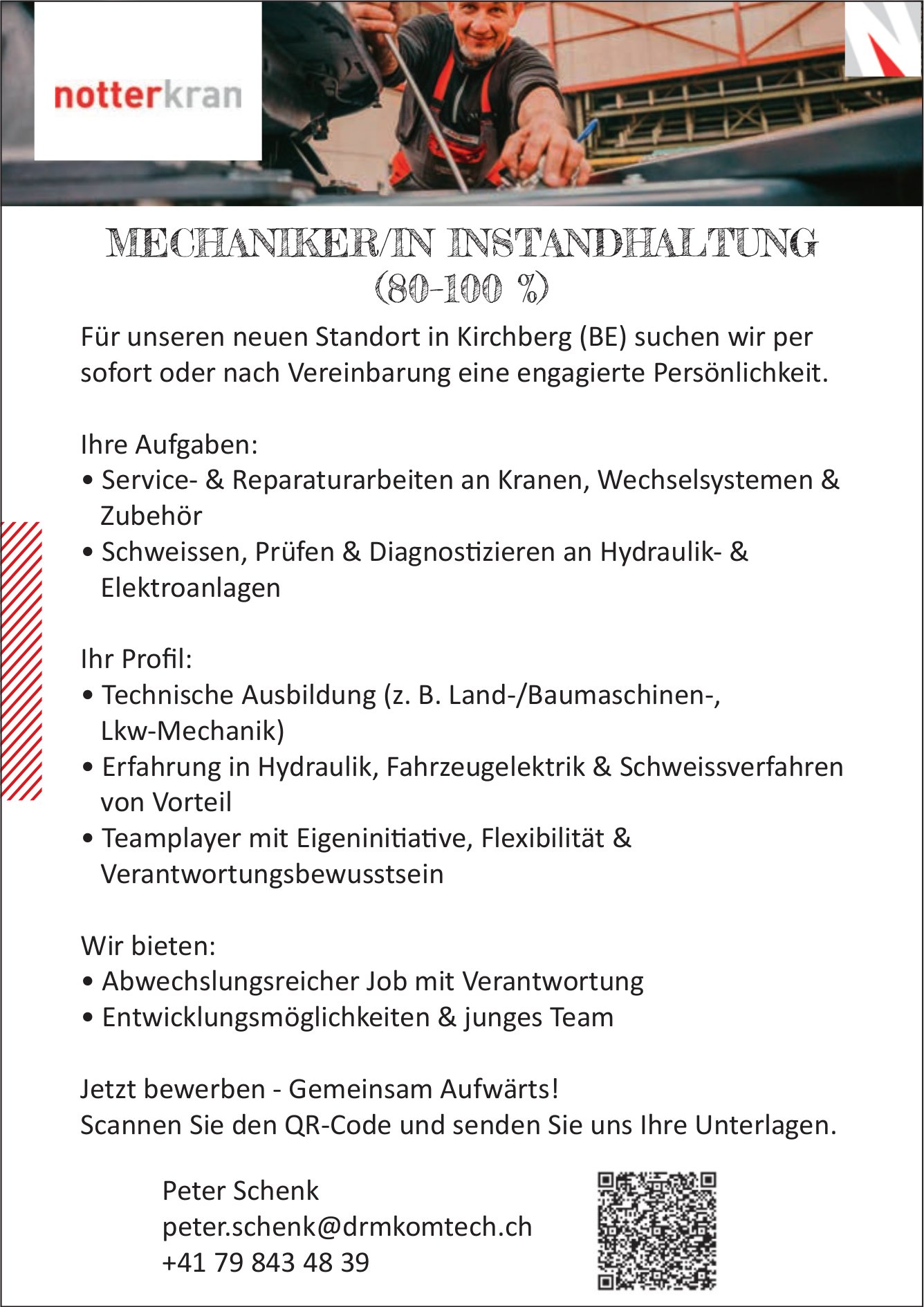Mechaniker/in Instandhaltung 80-100%, Notter Kran, Kirchberg, gesucht