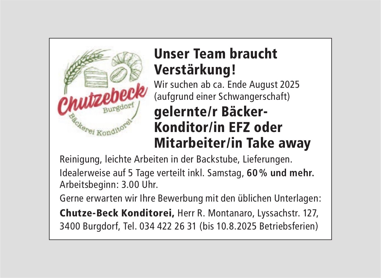 Bäcker-Konditor/in EFZ oder Mitarbeiter/in Take away, Chutzebeck Bäckerei Konditorei, Burgdorf, gesucht