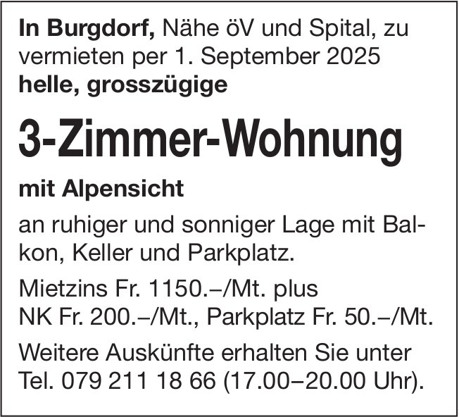3-Zimmer-Wohnung, Burgdorf, zu vermieten