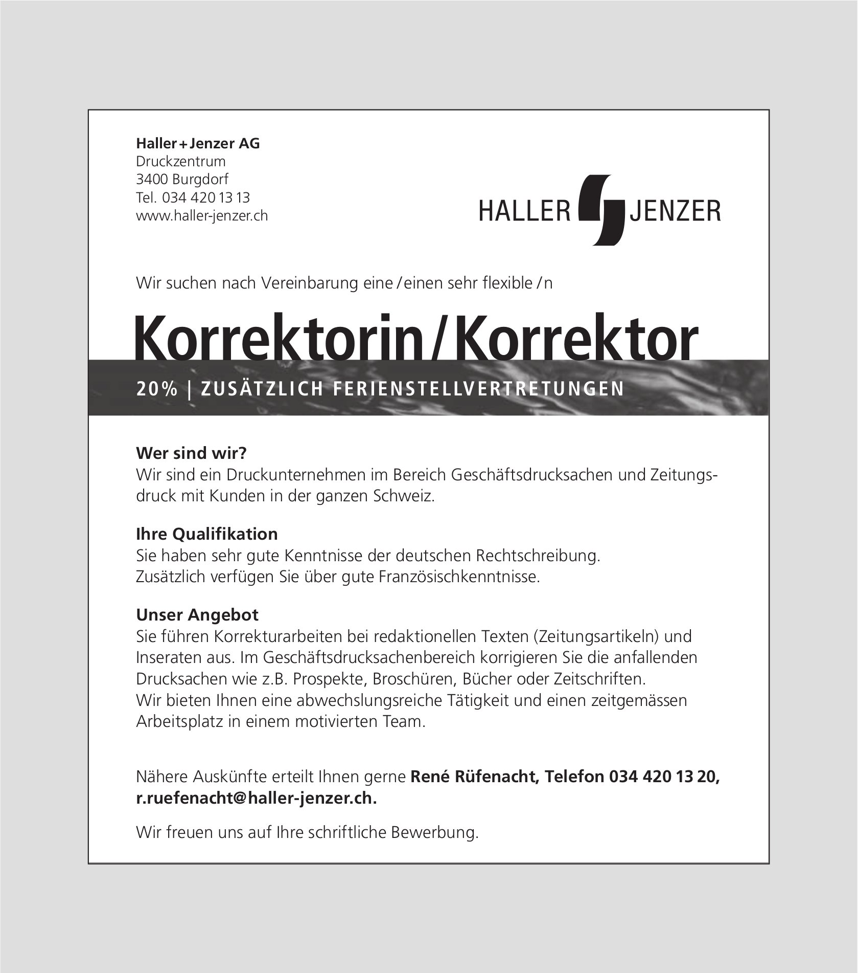 Korrektorin/Korrektor 20%, Haller + Jenzer AG, Burgdorf, gesucht