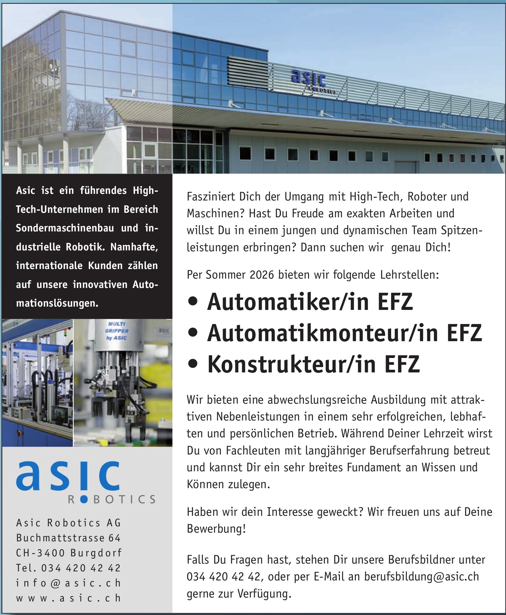 Lehrstellen als Automatiker∕in EFZ, Automatikmonteur∕in EFZ und Konstrukteur∕in EFZ, Asic Robotics AG, Burgdorf,  zu vergeben
