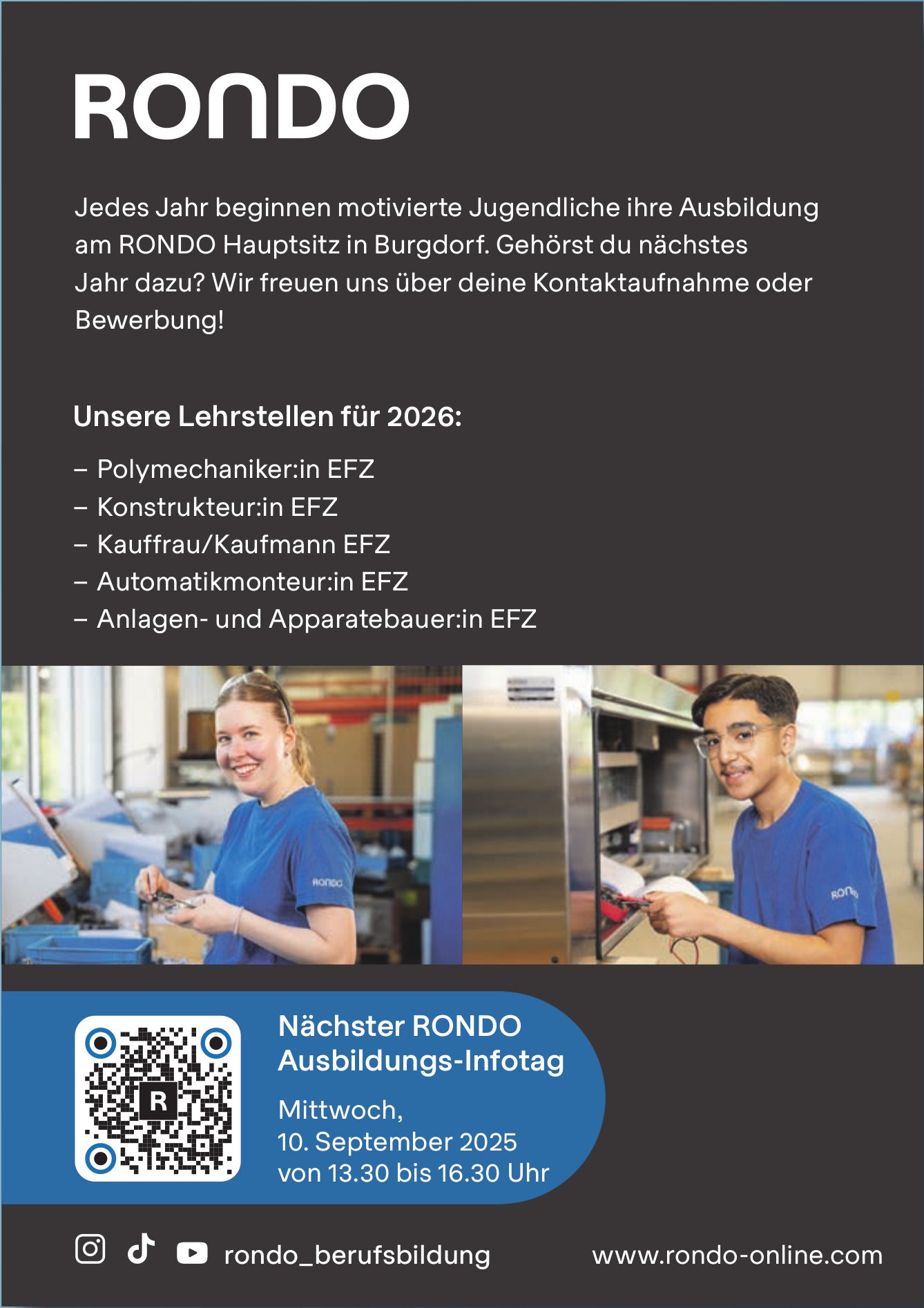 Lehrstellen als Polymechaniker:in, Konstrukteur:in,  Kauffrau/mann,  Automatiker:in und Anlagen- und Apparatebauer:in,  jeweils EFZ, Rondo Online, Burgdorf,  zu vergeben