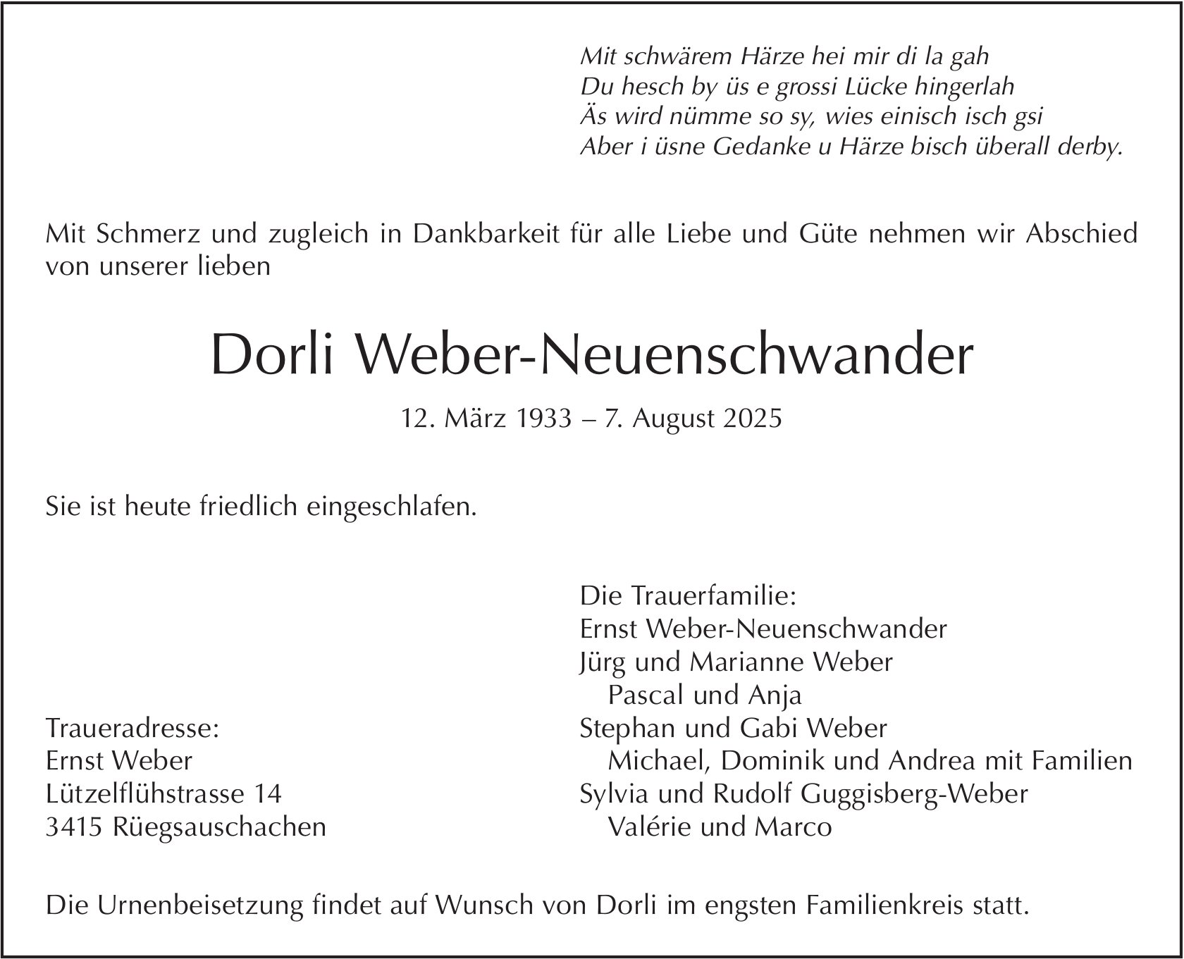 Dorli Weber-Neuenschwander, August 2025 / TA
