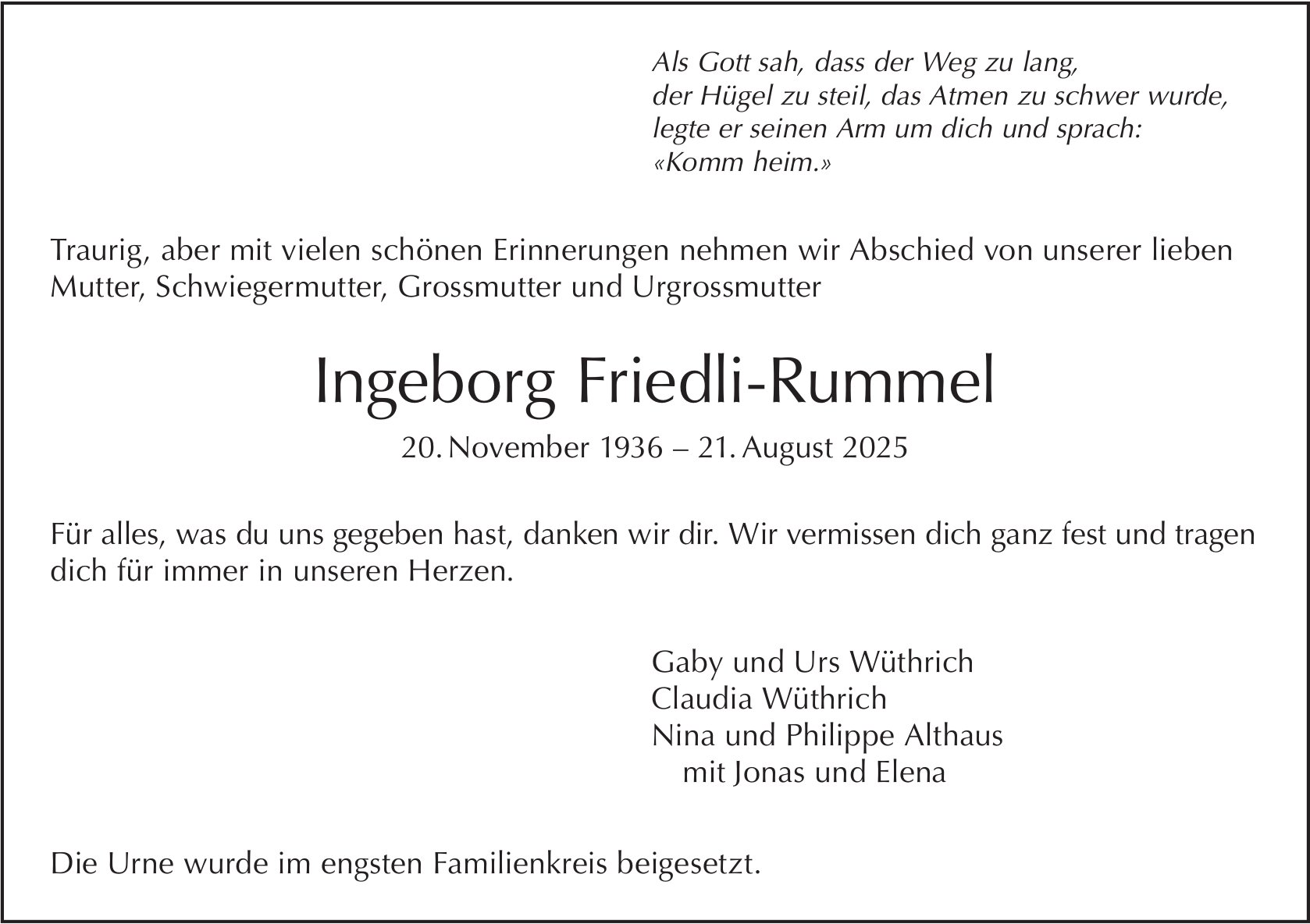 Ingeborg Friedli-Rummel, August 2025 / TA