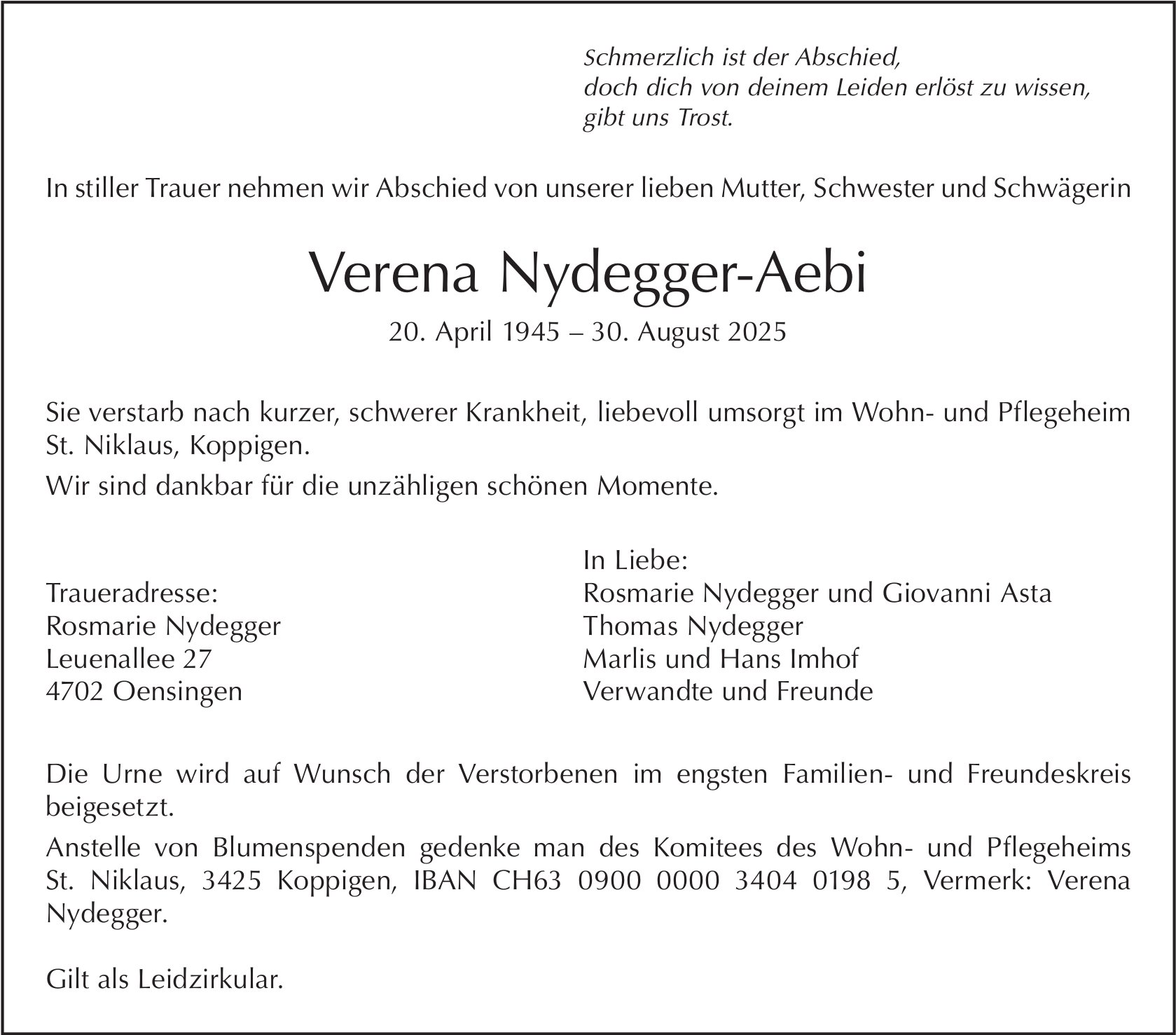 Verena Nydegger-Aebi, August 2025 / TA