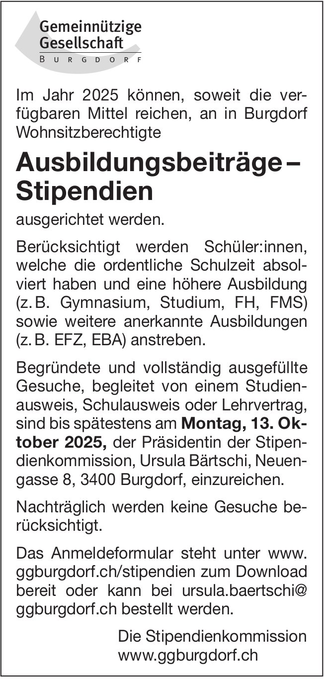 Gemeinnützige Gesellschaft, Burgdorf - Ausbildungsbeiträge–Stipendien