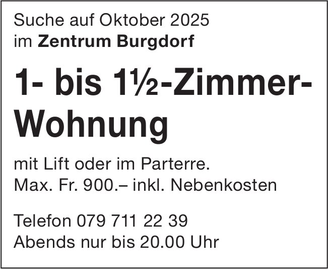 1- bis 1.5-Zimmer-Wohnung, Burgdorf, zu mieten gesucht