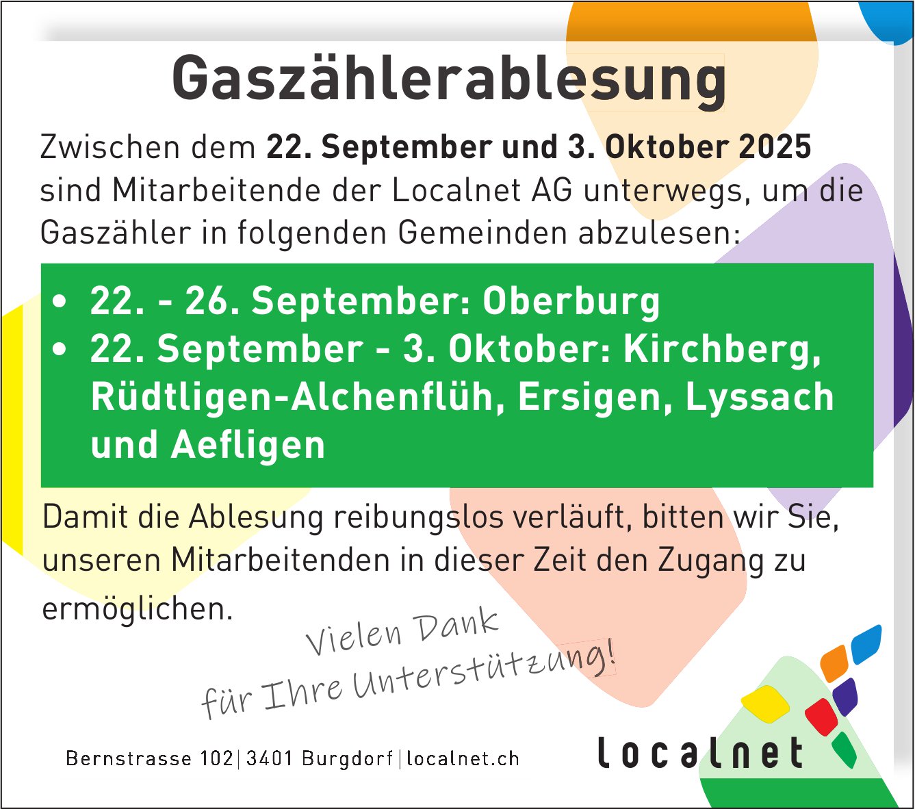Localnet AG, Oberburg, Kirchberg,  Rüdtligen-Alchenflüh,  Ersigen,  Lyssach,  Aefligen - Gaszählerablesung,  22. September bis 3. Oktober