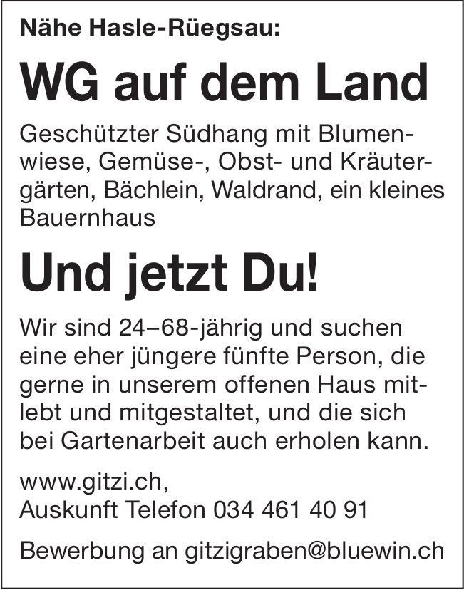 WG-Zimmer, Nähe Hasle-Rüegsau, zu vermieten