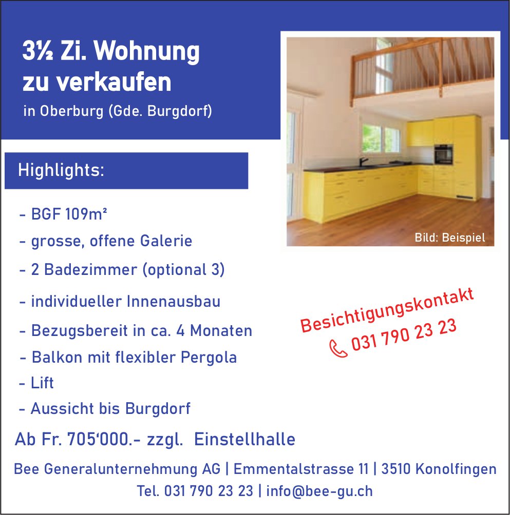 3.5-Zi. Wohnung, Oberburg, zu verkaufen