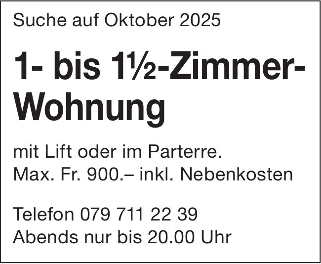 1- bis 1.5-Zimmer-Wohnung, zu mieten gesucht