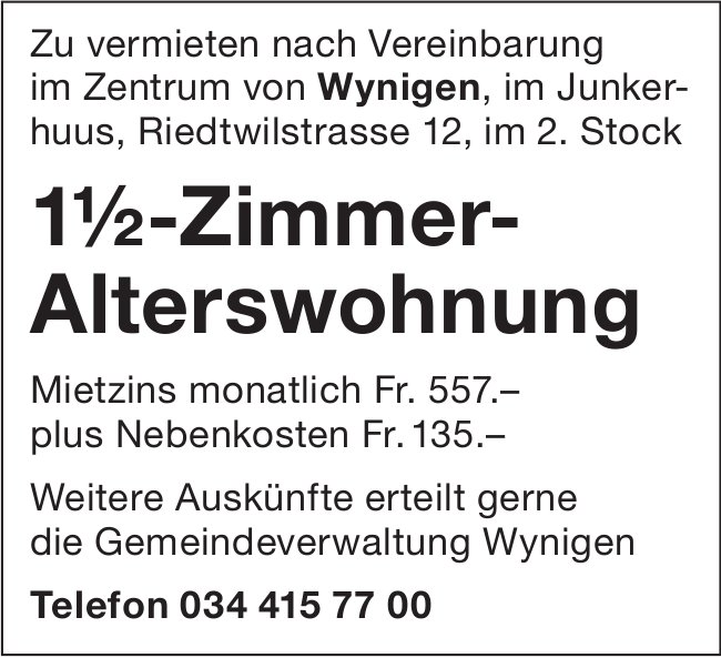 1.5-Zimmer-Alterswohnung, Wynigen, zu vermieten