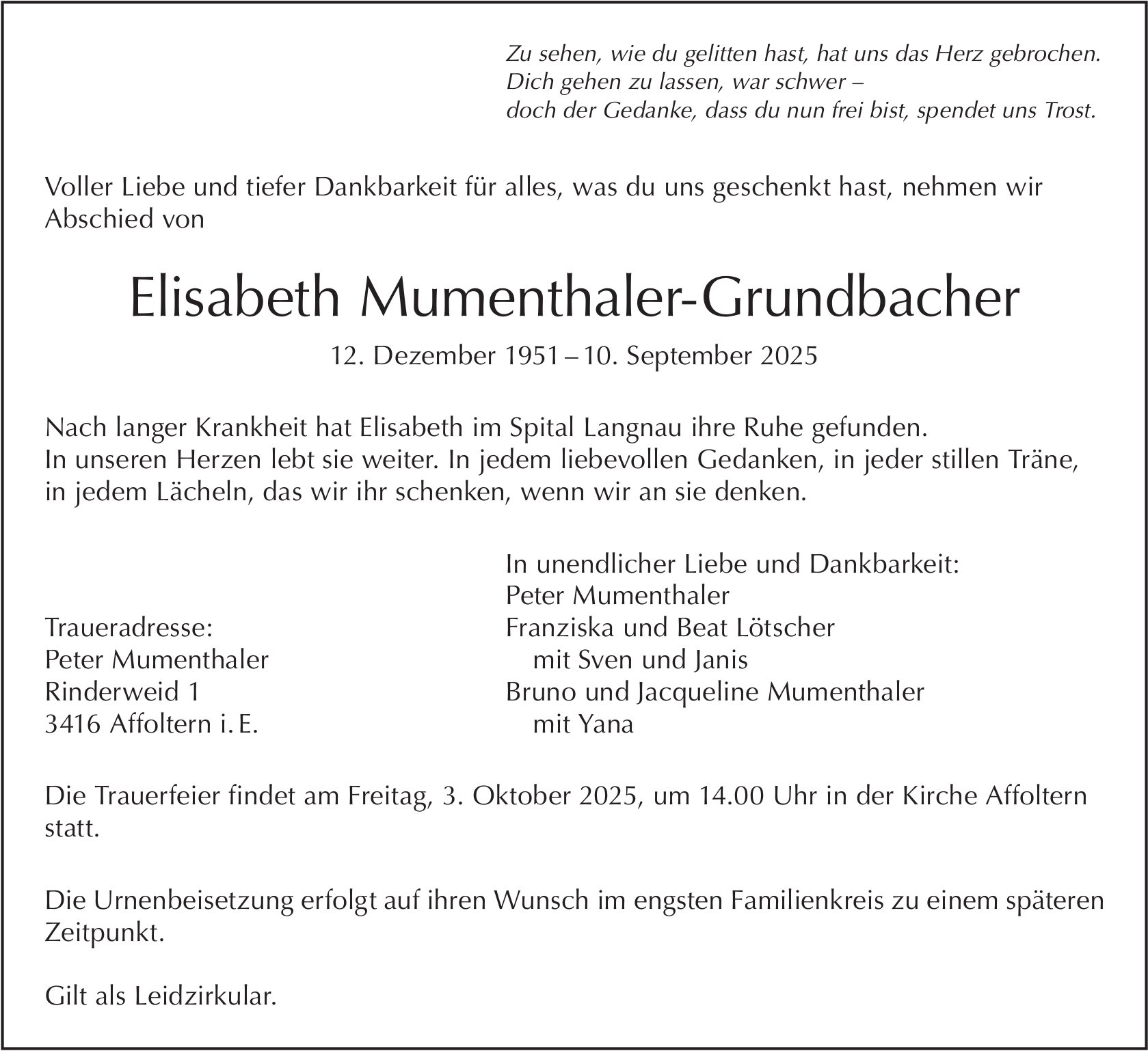Elisabeth Mumenthaler-Grundbacher, September 2025 / TA
