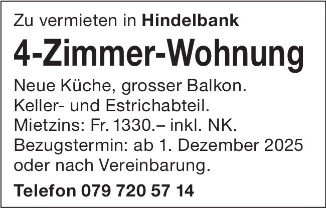 4-Zimmer-Wohnung, Hindelbank, zu vermieten
