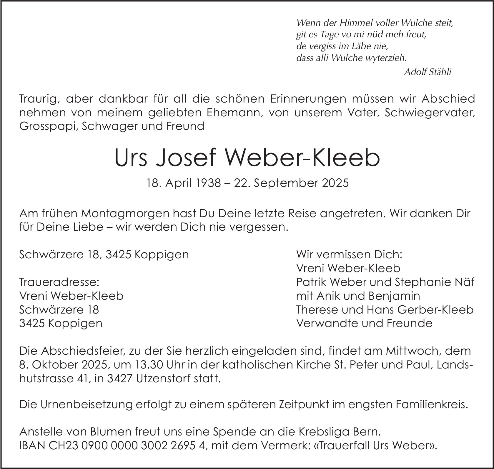 Urs Josef Weber-Kleeb, September 2025 / TA