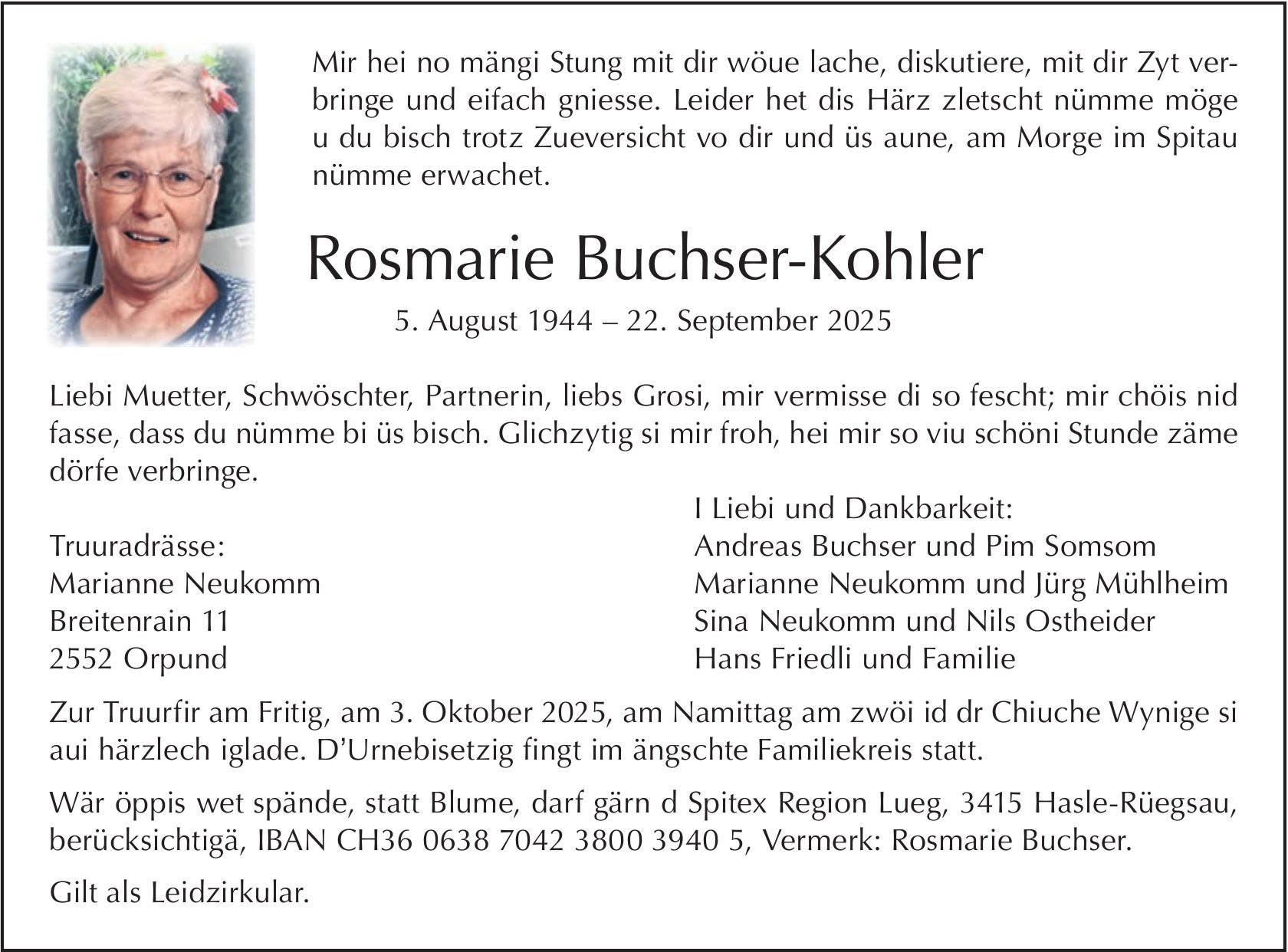 Rosmarie Buchser-Kohler, September 2025 / TA