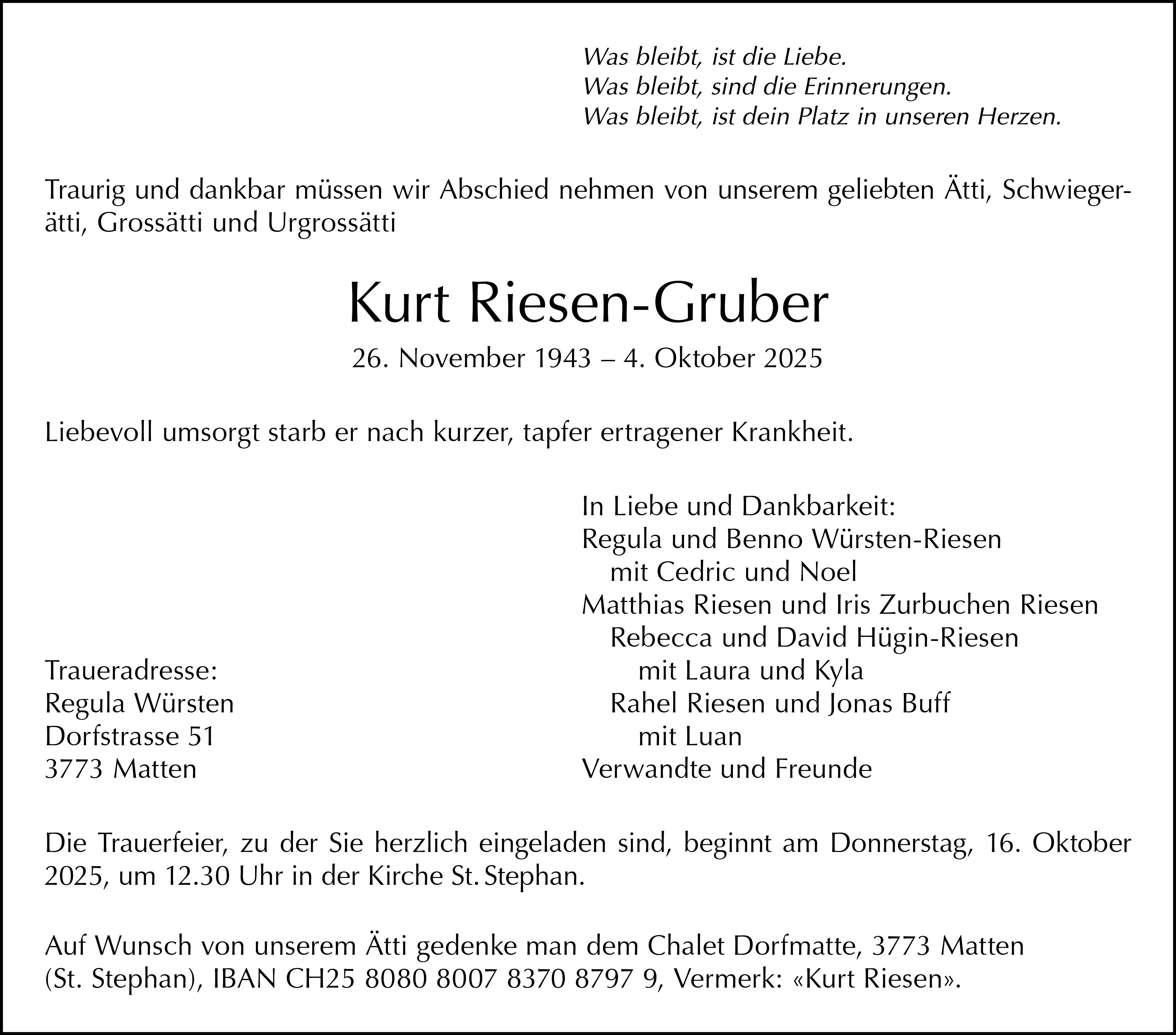 Kurt Riesen-Gruber, Oktober 2025 / TA