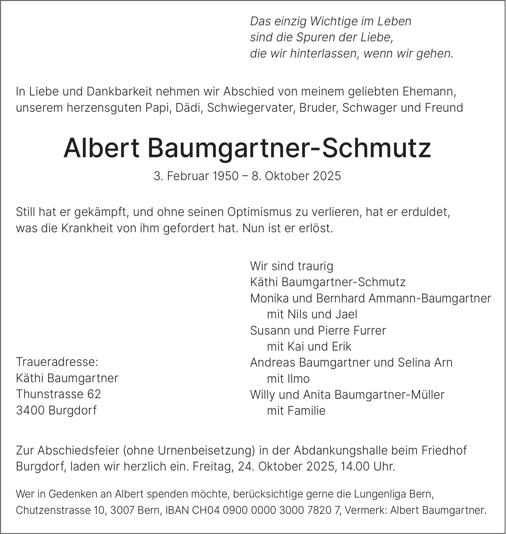 Albert Baumgartner-Schmutz, Oktober 2025 / TA