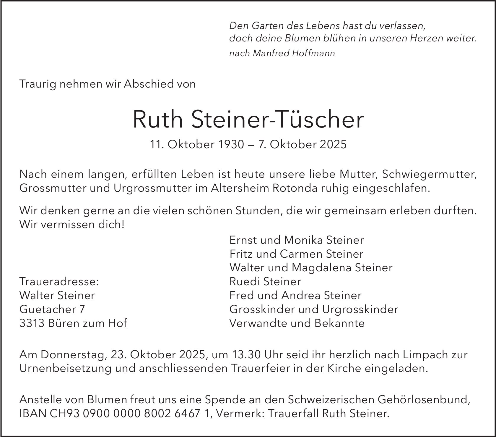Ruth Steiner-Tüscher, Oktober 2025 / TA