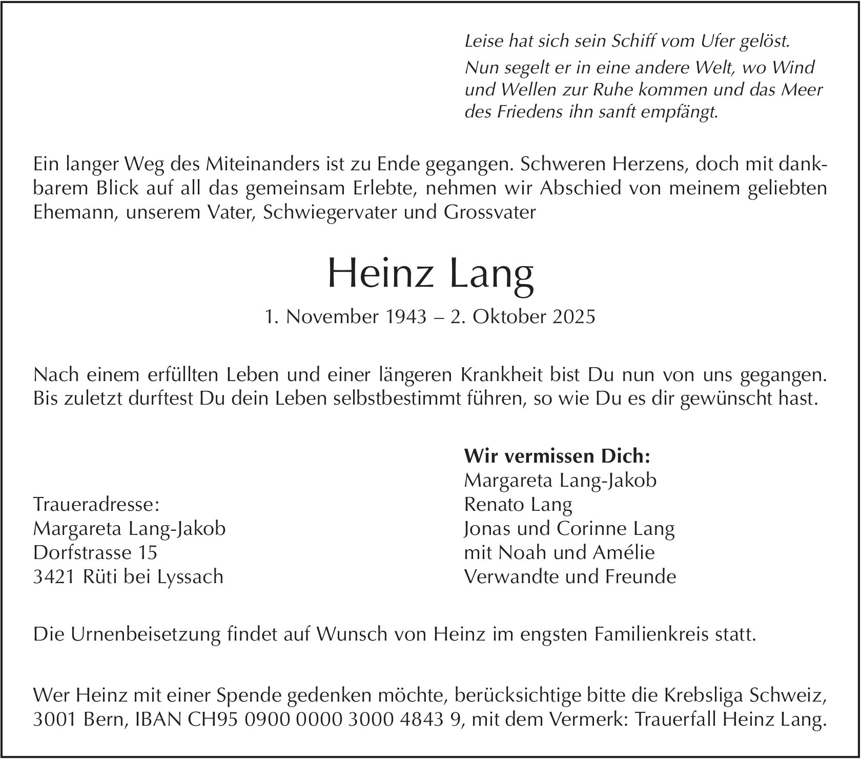 Heinz Lang, Oktober 2025 / TA