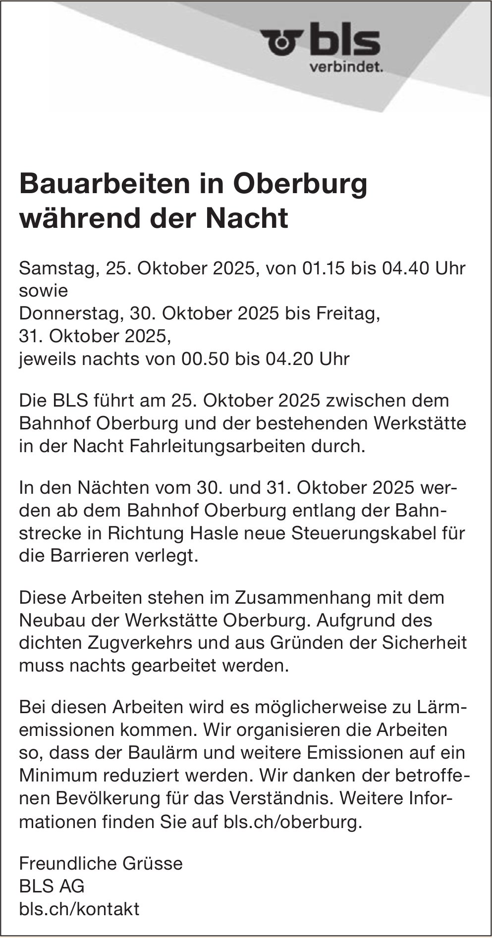 BLS AG, Bauarbeiten in Oberburg während der Nacht
