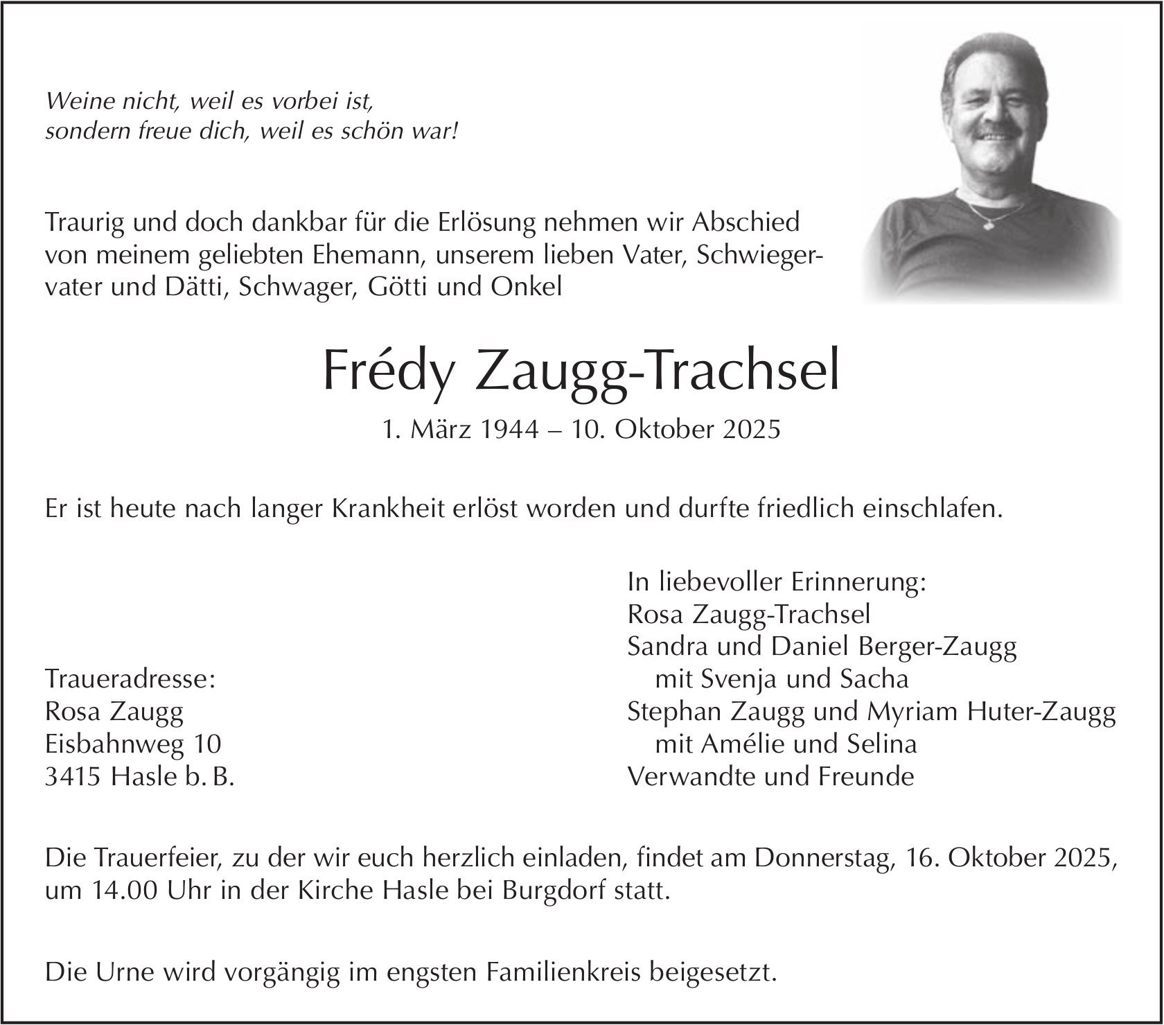 Frédy Zaugg-Trachsel, Oktober 2025 / TA