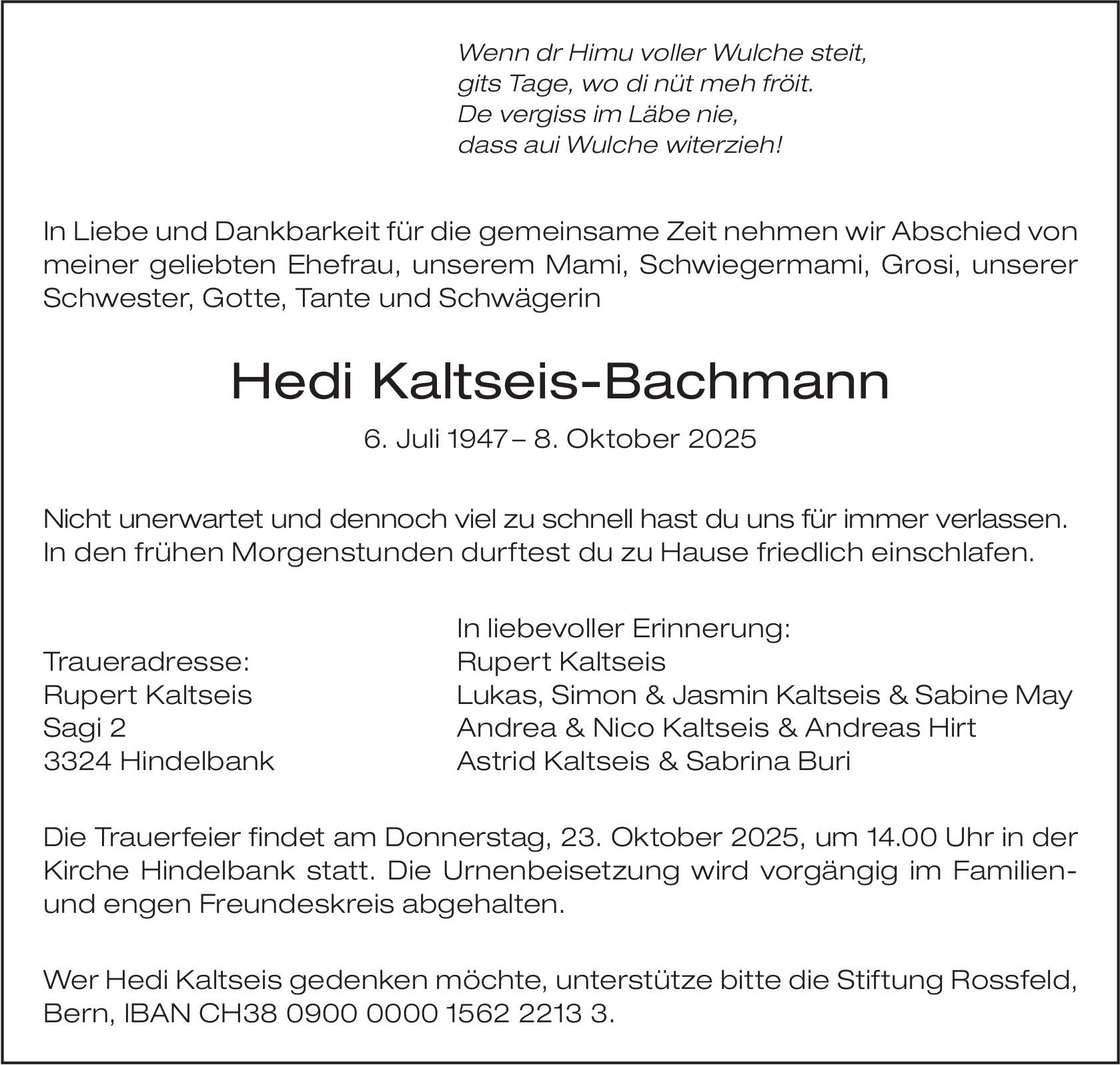 Hedi Kaltseis-Bachmann, Oktober 2025 / TA