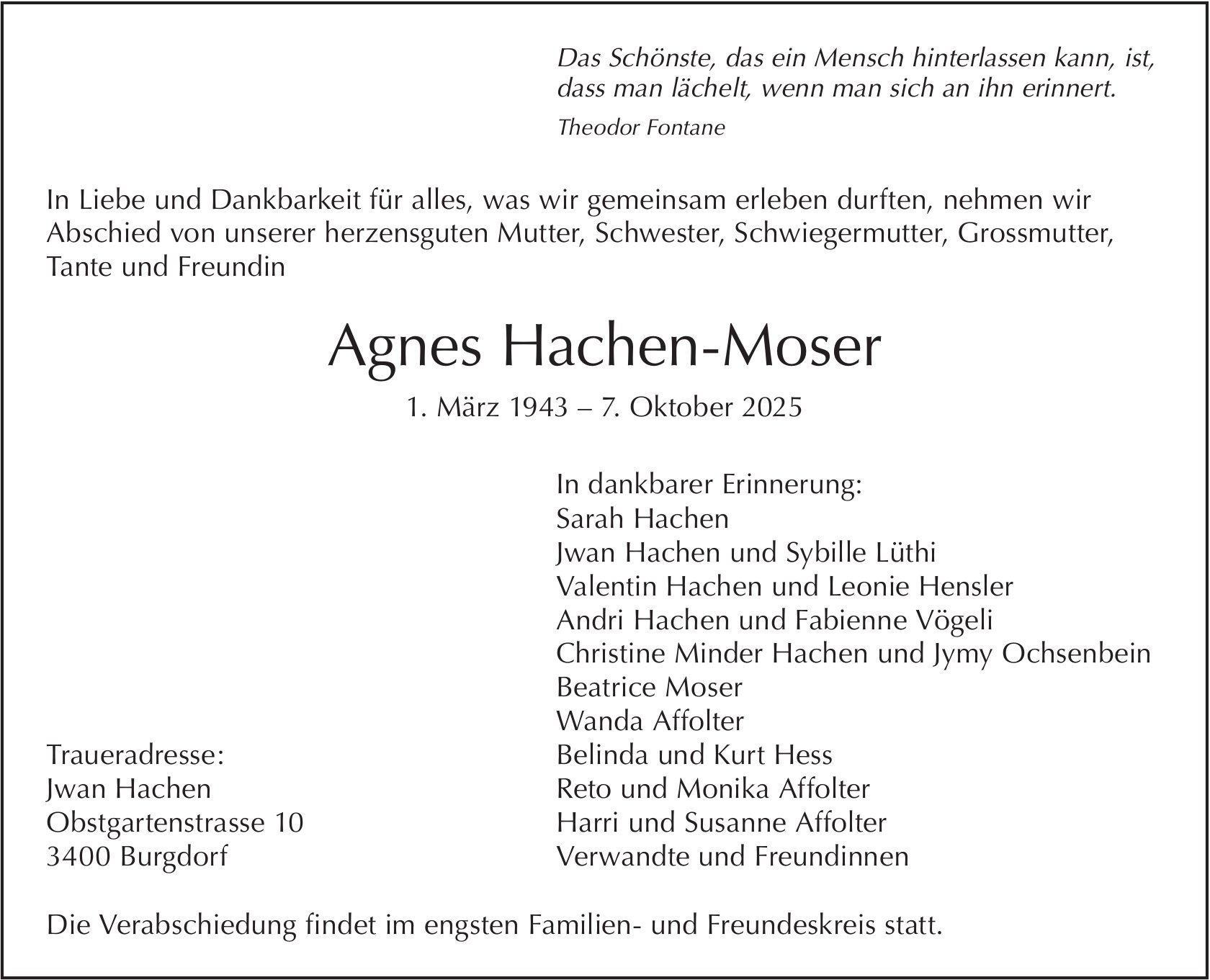 Agnes Hachen-Moser, Oktober 2025 / TA