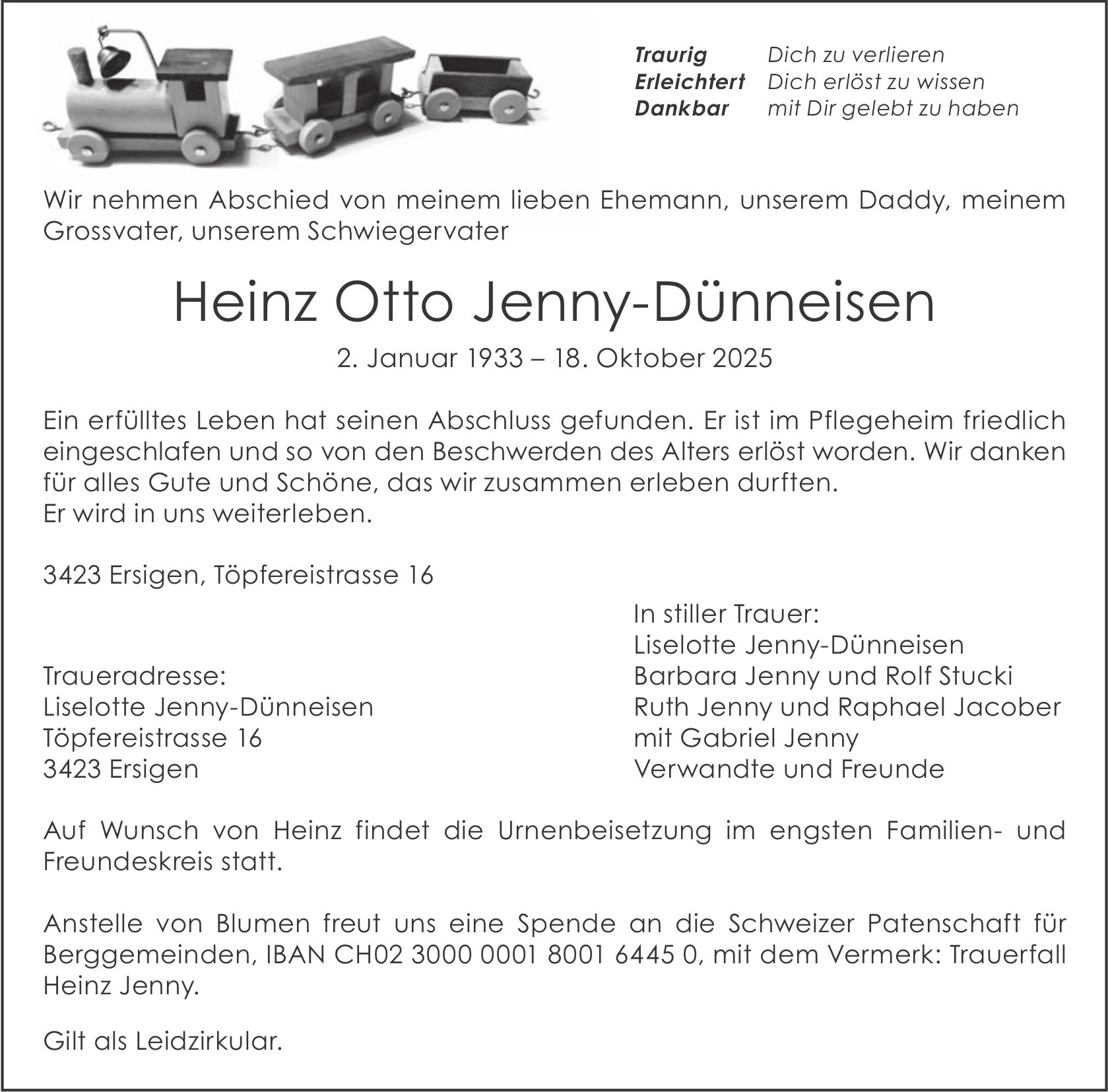 Heinz Otto Jenny-Dünneisen, Oktober 2025 / TA