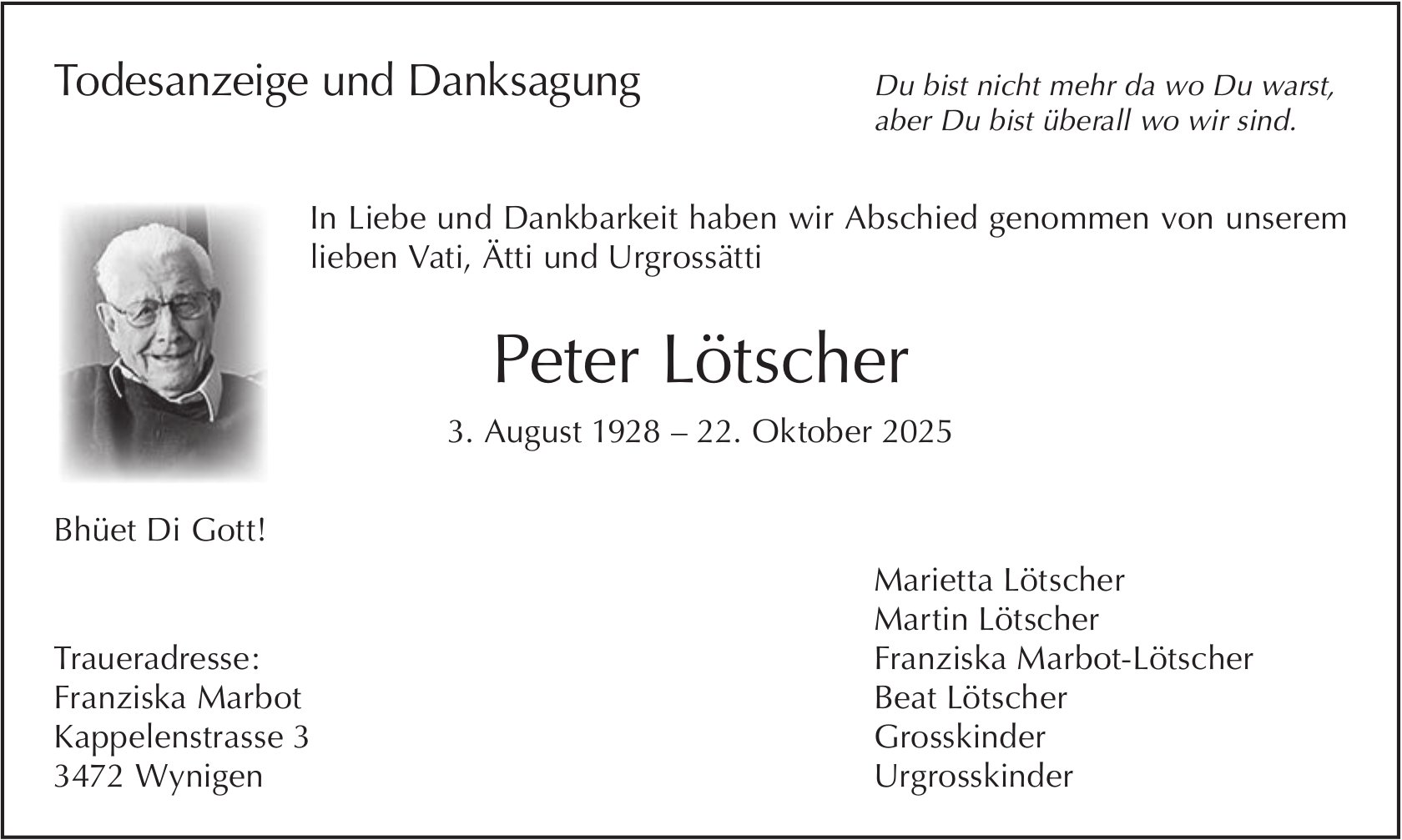 Peter Lötscher, Oktober 2025 / TA + DS