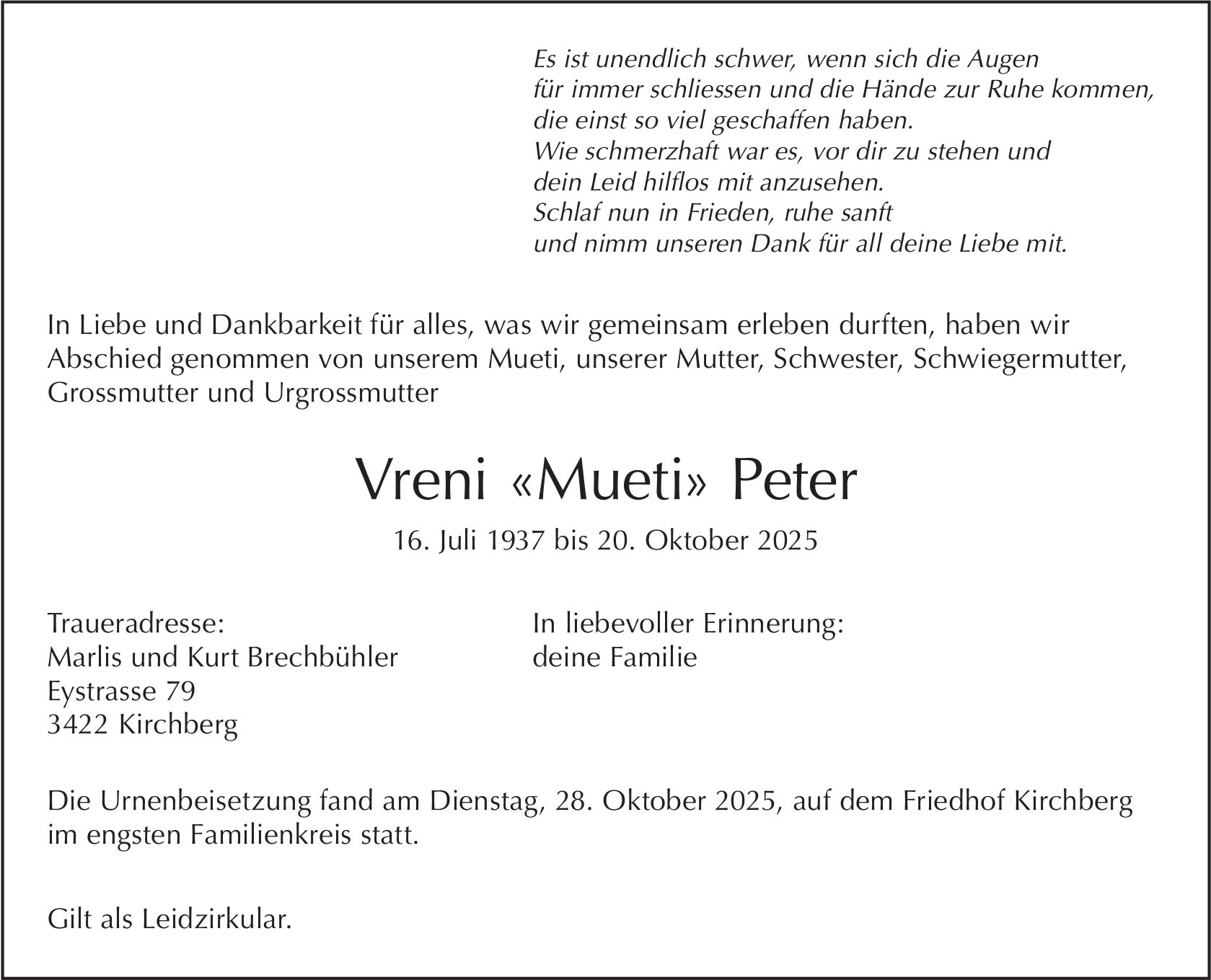 Vreni «Mueti» Peter, Oktober 2025 / TA