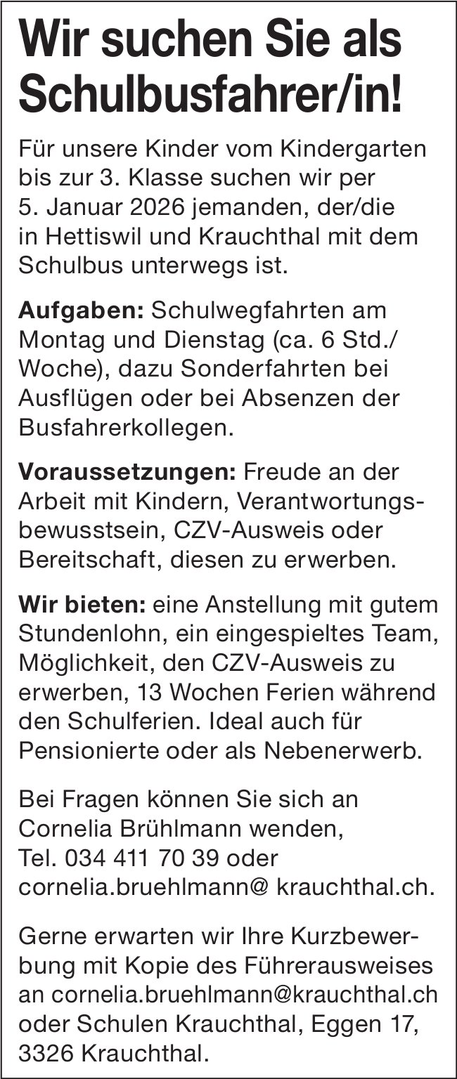 Schulbusfahrer/in, Schulen, Krauchthal, gesucht