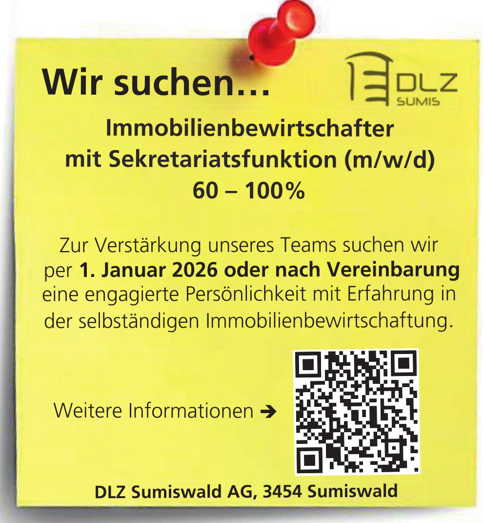 Immobilienbewirtschafter mit Sekretariatsfunktion (m/w/d) 60-100%, DLZ Sumiswald AG, gesucht